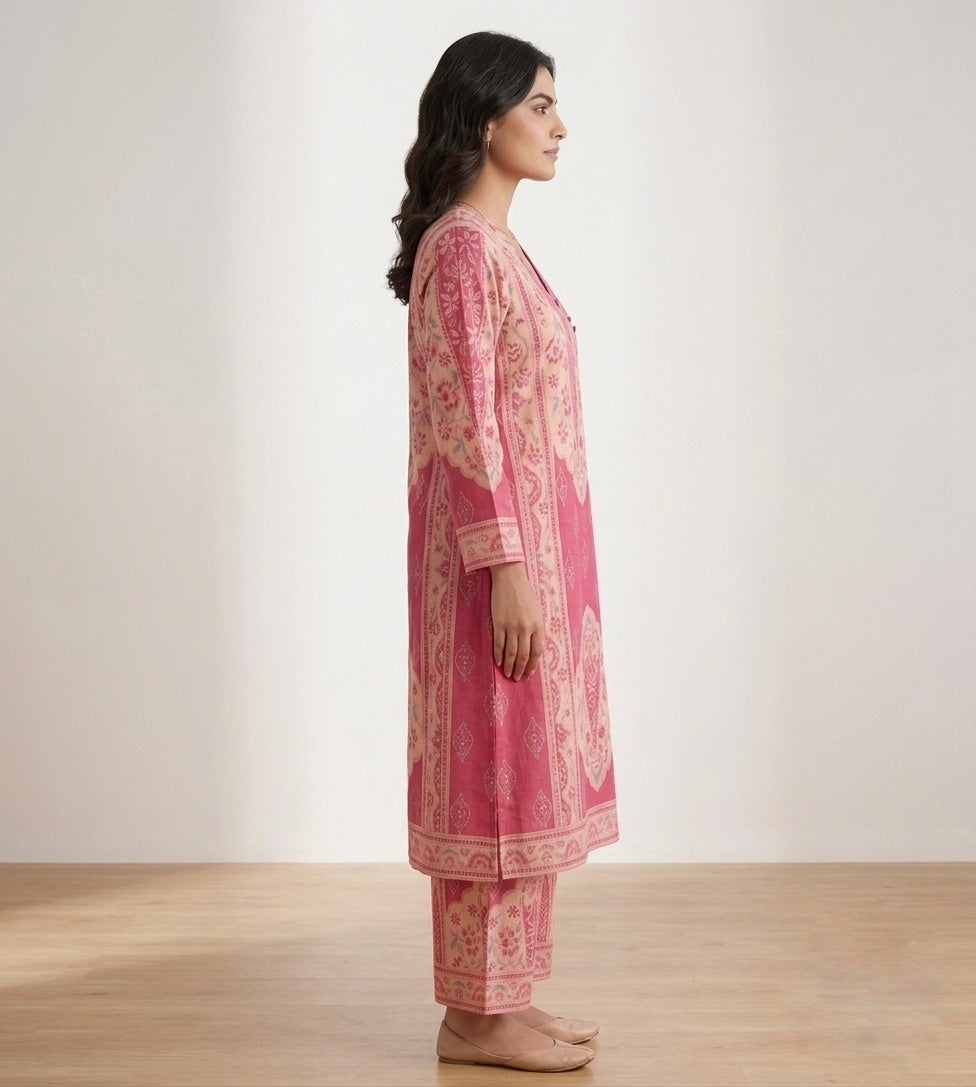 Angrakha kalamkari cotton Kurta & Pant Pink