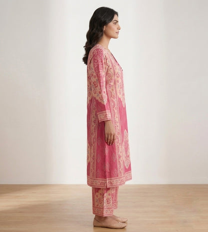 Angrakha kalamkari cotton Kurta & Pant Pink