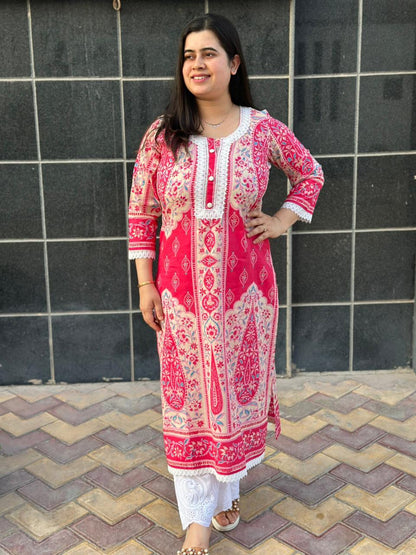 Airy Cotton kalamkari kurti for women- Pink
