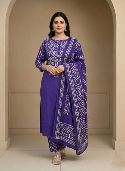 Amayra Cotton Kurta Embroidery Work Kurti Pant And Dupatta -purple