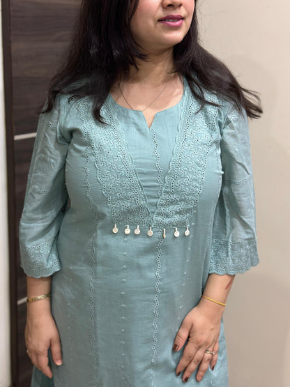 Mehar premium chikankari cotton Kurta & Pant with cotton lining blue