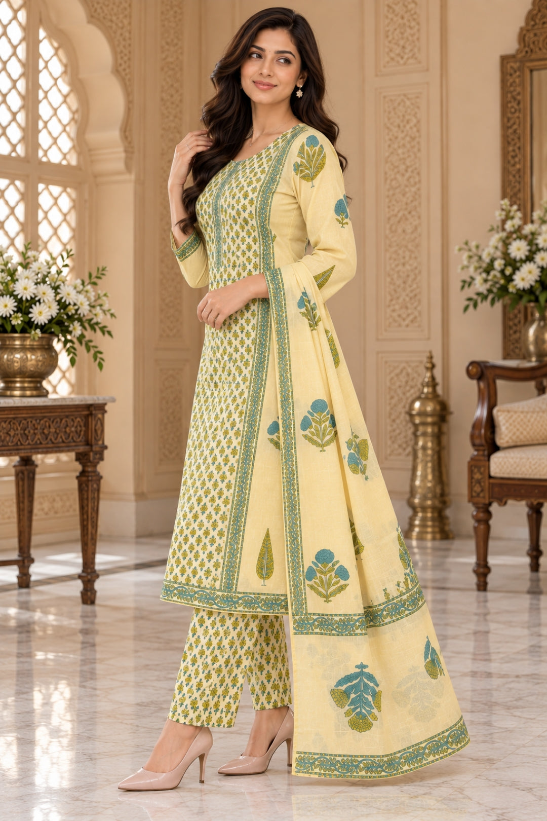 NAZAKAT cotton kurta set with pants & dupatta green