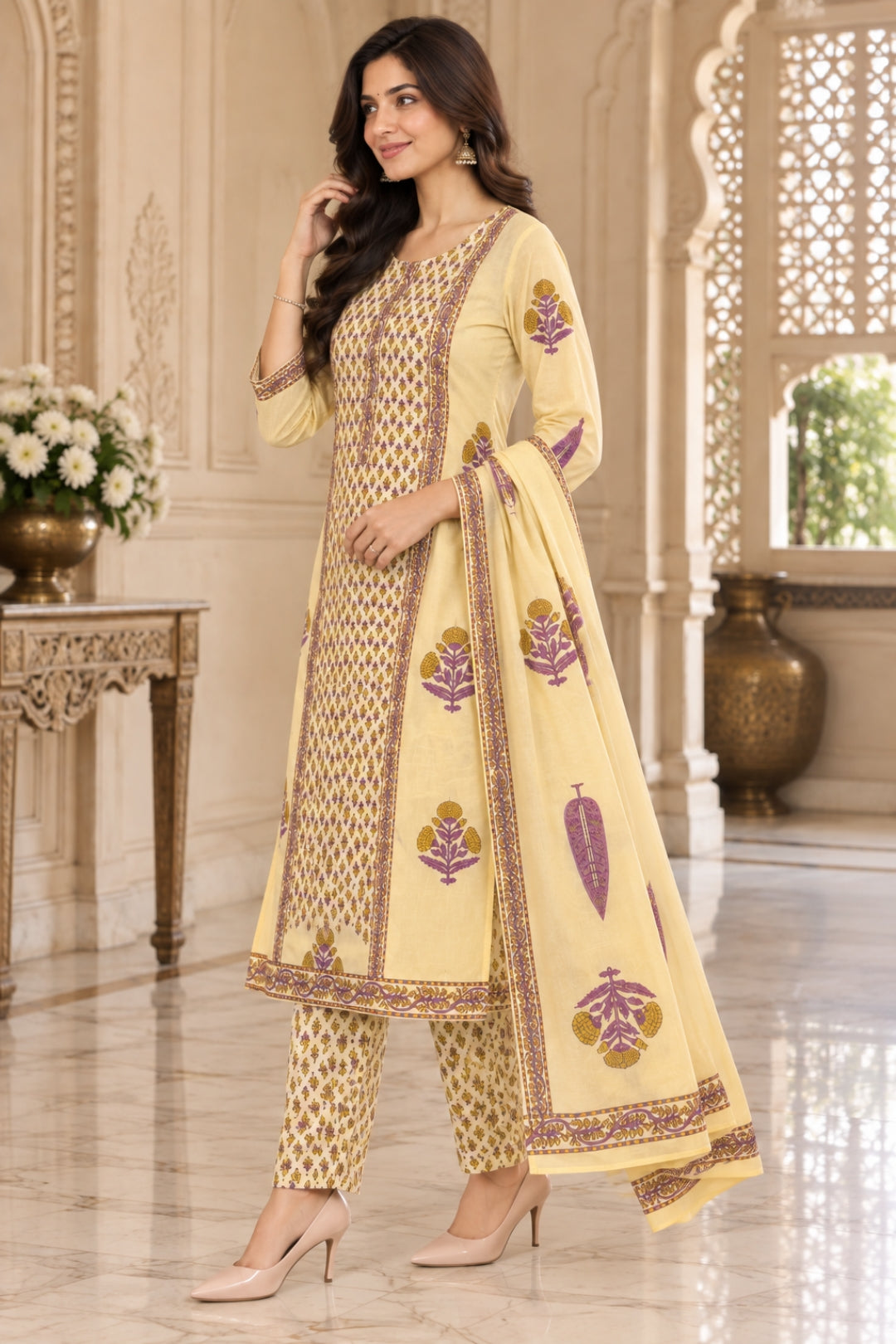 NAZAKAT cotton kurta set with pants & dupatta lilac