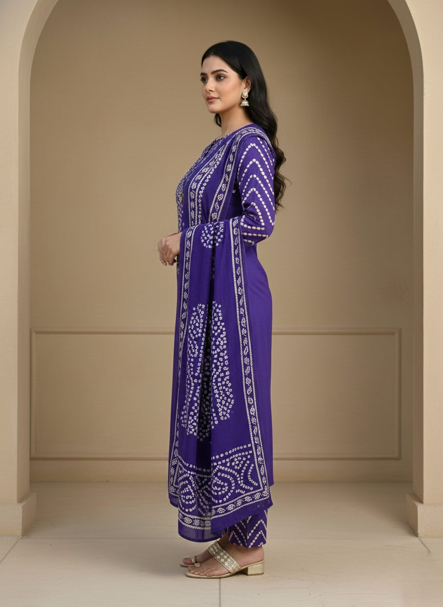 Amayra Cotton Kurta Embroidery Work Kurti Pant And Dupatta -purple